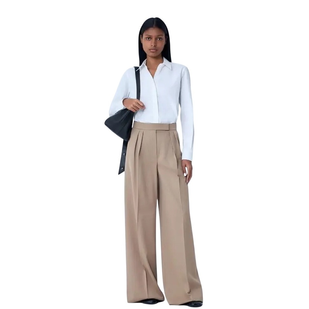 Max Mara $1100 Pleated Wool Twill Wide Leg Pants Beige Tan Made in Italy